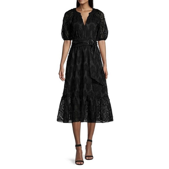 Shoshanna Dresses & Skirts - Shoshanna Jet Black Mosaic Embroidered Caricia Belted Lace Dress
